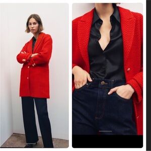 Zara limited edition celebs style textured Vibrant Red Blazer with golden button